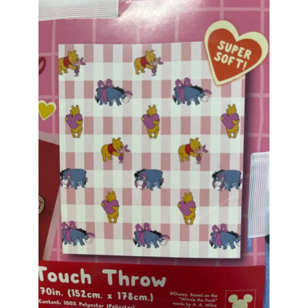Disney Winnie the Pooh Eeyore Piglet Silk Touch Throw Blanket 60 x 70 Pink Heart